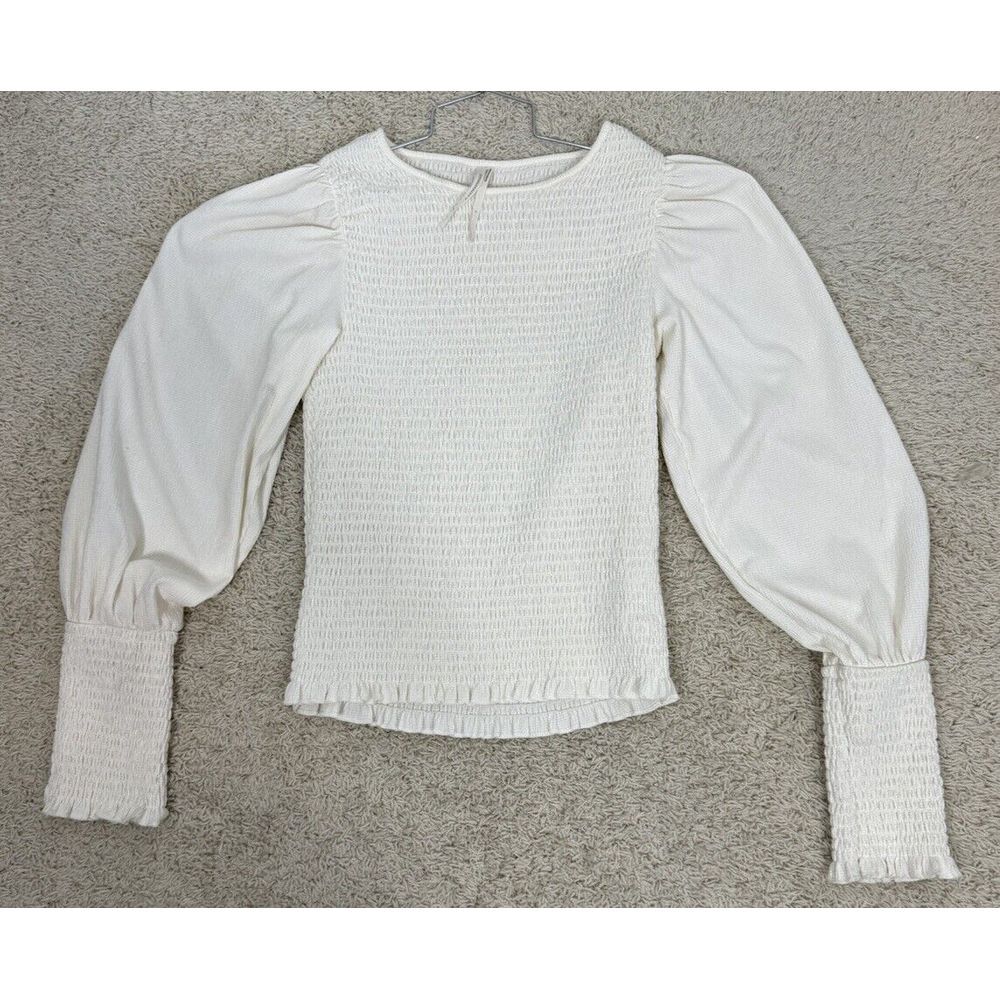 Anthropologie Smocked Puff Sleeve Ivory Cream Top Blouse Size S Boho Bodycon